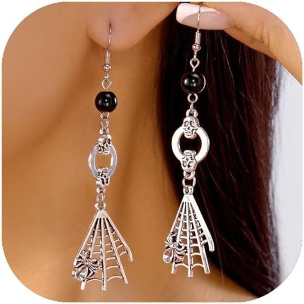 Women's Silver Halloween Skeleton Spider Pumpkin Party Ghost Dangle Earrings